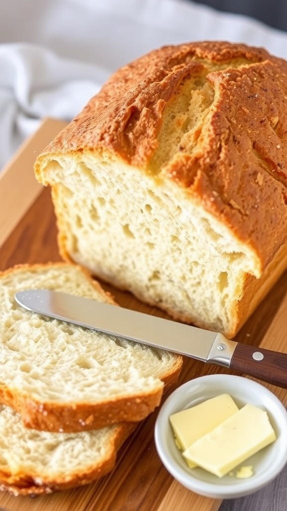 A golden brown loaf of sourdough sandwich bread sliced open, displaying a fluffy interior, on a wooden cutting board with butter.